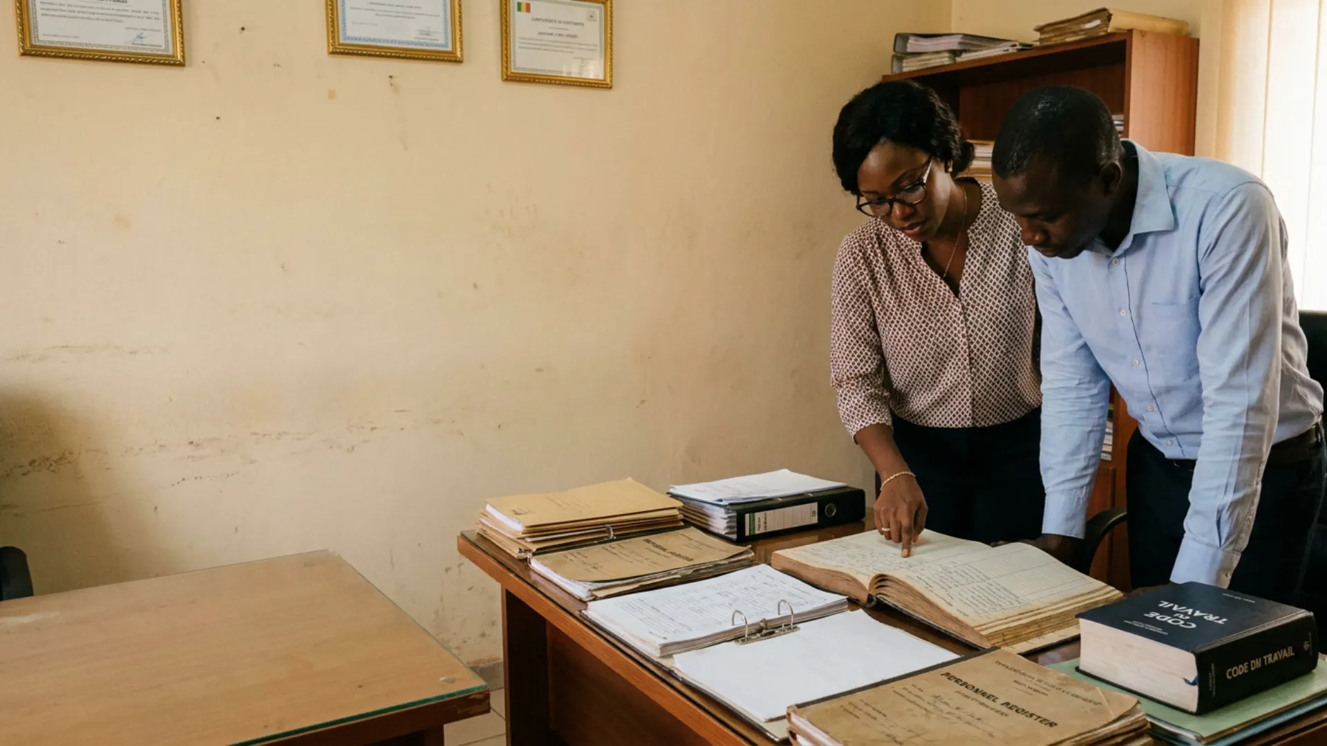 Consultants examinant les registres du personnel et le code du travail lors d'un audit de conformité