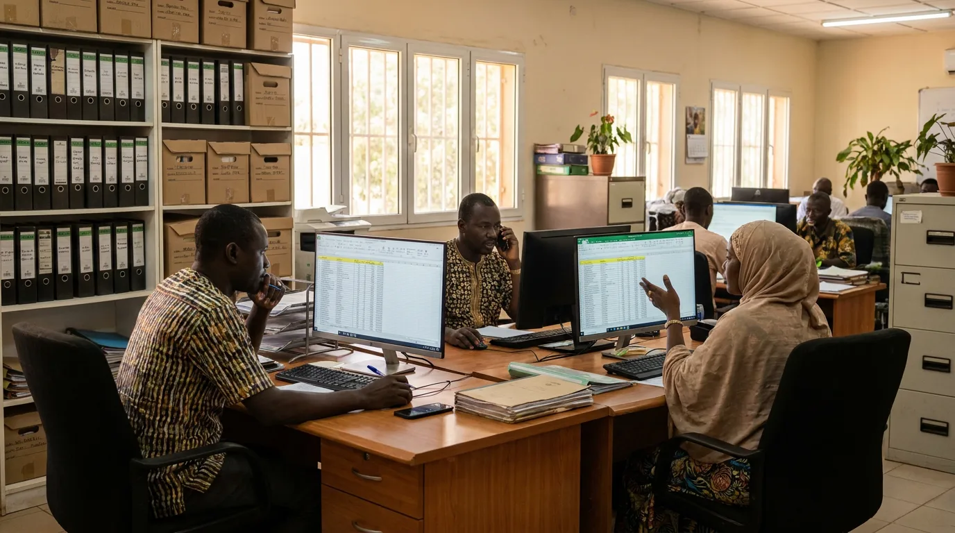 Équipe administrative traitant la paie externalisée dans les bureaux de Bamako