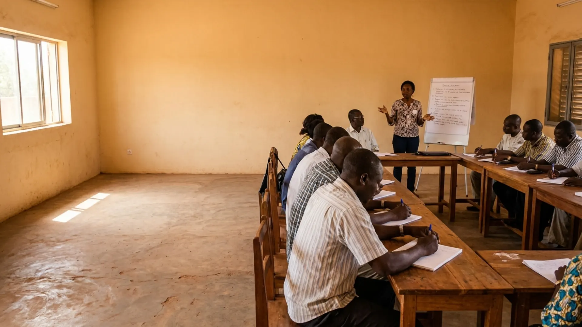Formatrice animant une session de formation professionnelle devant des participants à Bamako