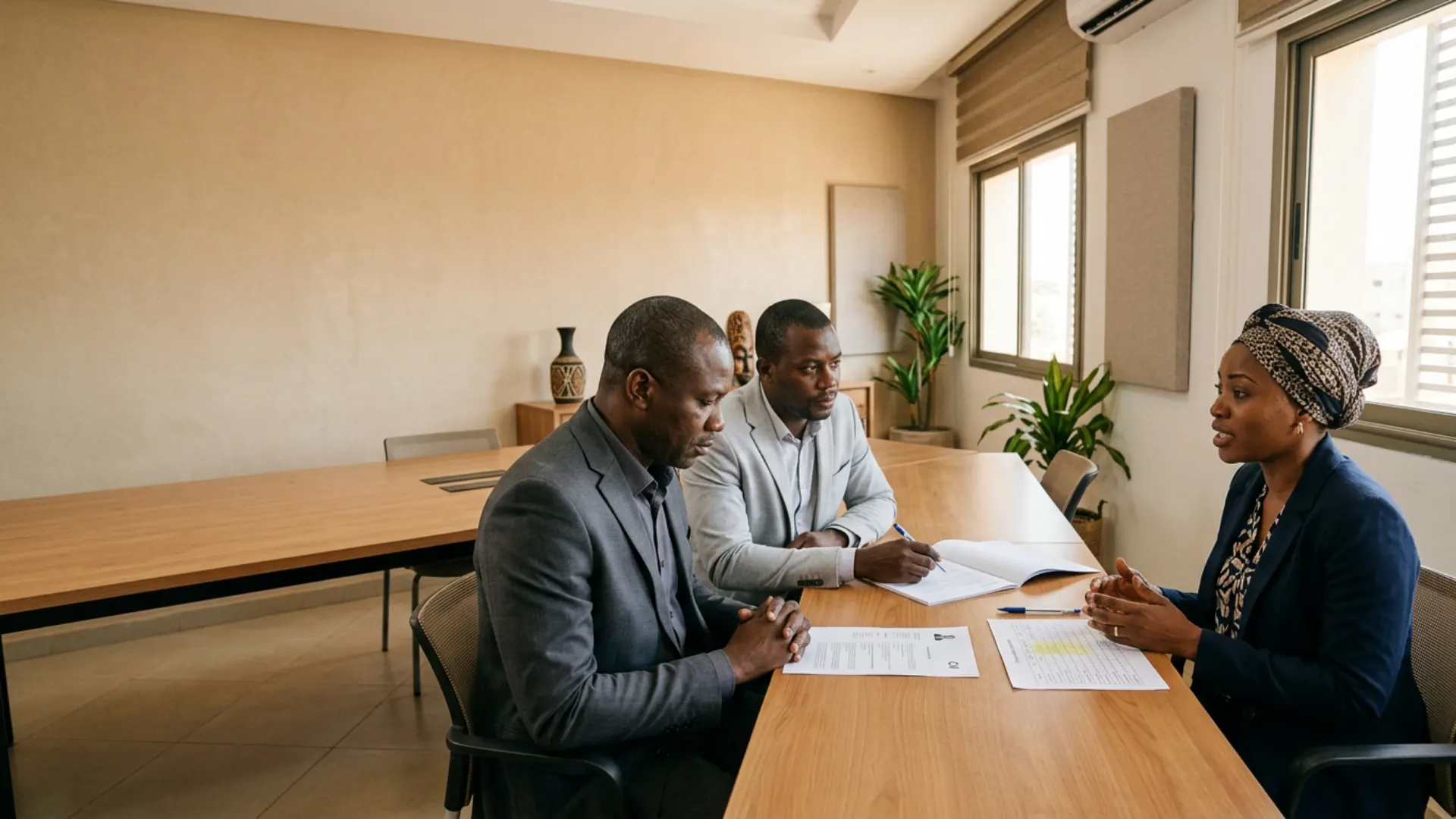 Entretien de recrutement conduit par deux consultants face à une candidate à Bamako